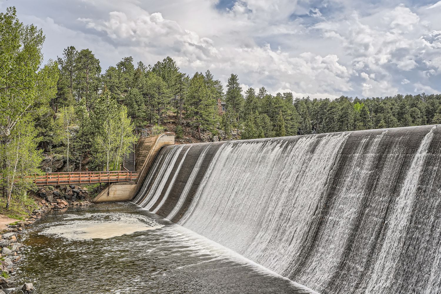 Evergreen spillway dam bordered by forest