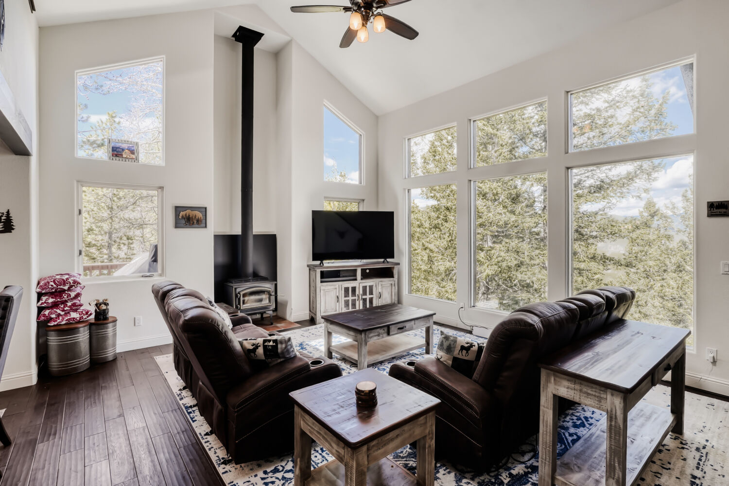 Cozy living area with black wood-burning stove