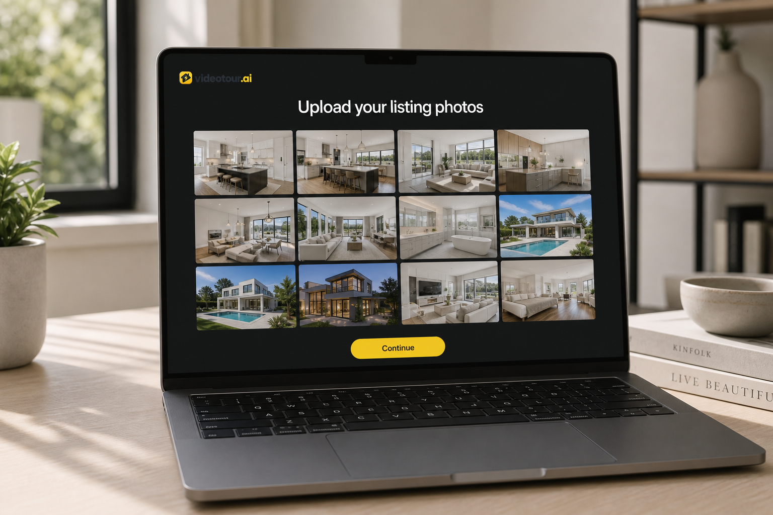 VideoTour.AI app interface showing real estate photos being uploaded in a dark-mode grid