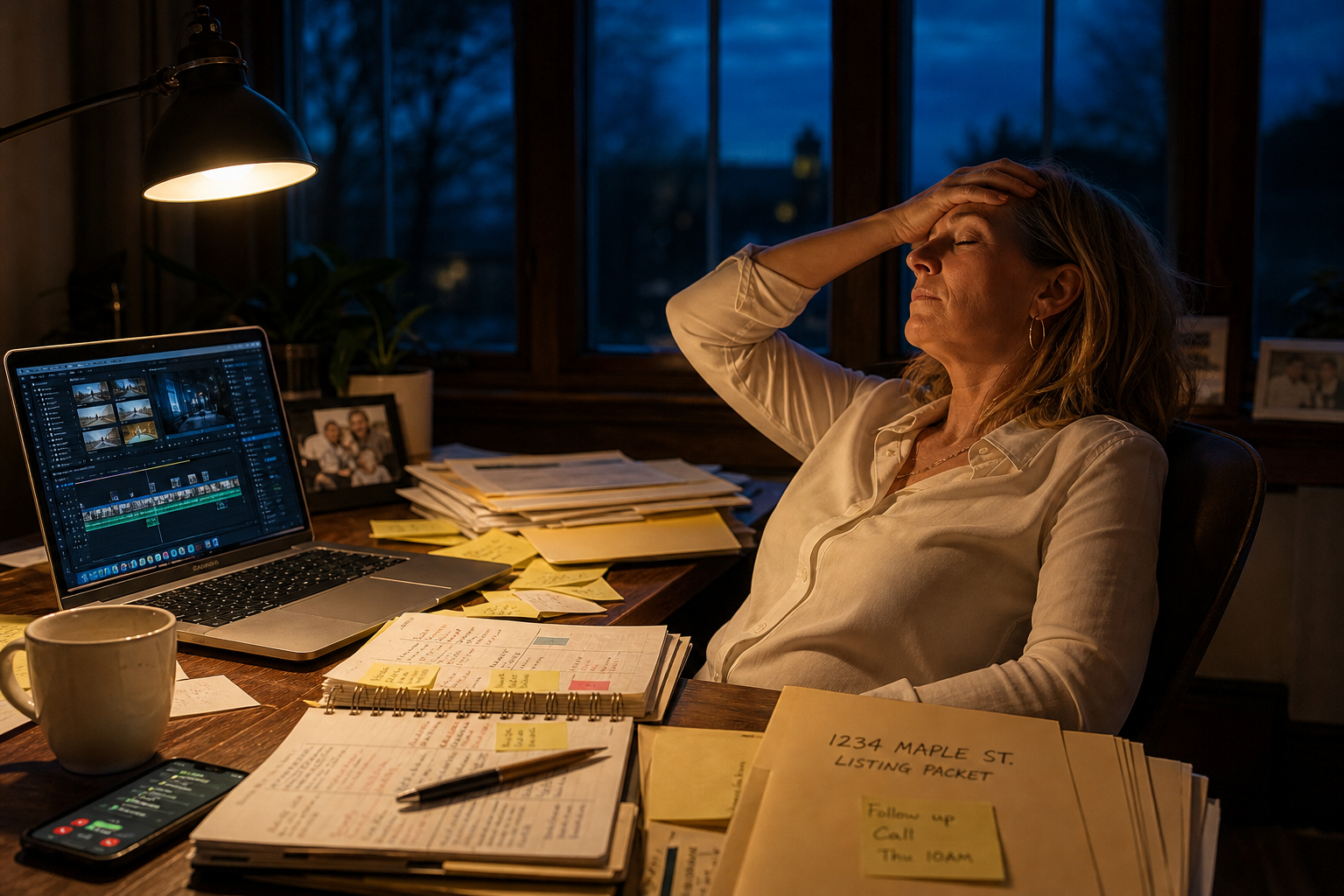 A real estate agent at her desk late at night with eyes closed and hand on forehead, exhausted, surrounded by paperwork and an open video editing program