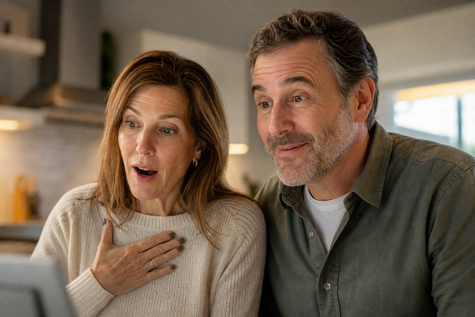 A homeowner couple reacting with genuine surprise and delight to what they are seeing on a screen