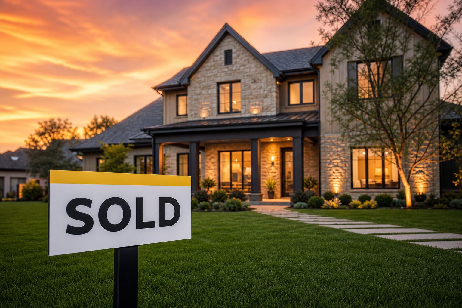 A SOLD yard sign with a yellow accent strip in front of a beautiful modern American home glowing at golden hour