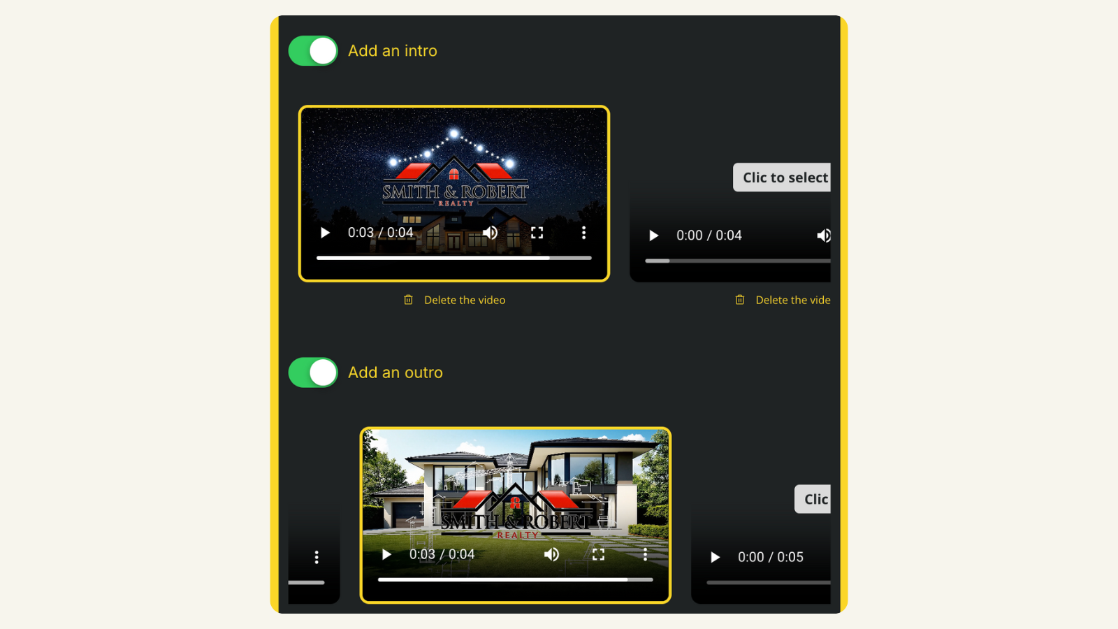 VideoTour.ai editor controls for choosing branding intros and outros