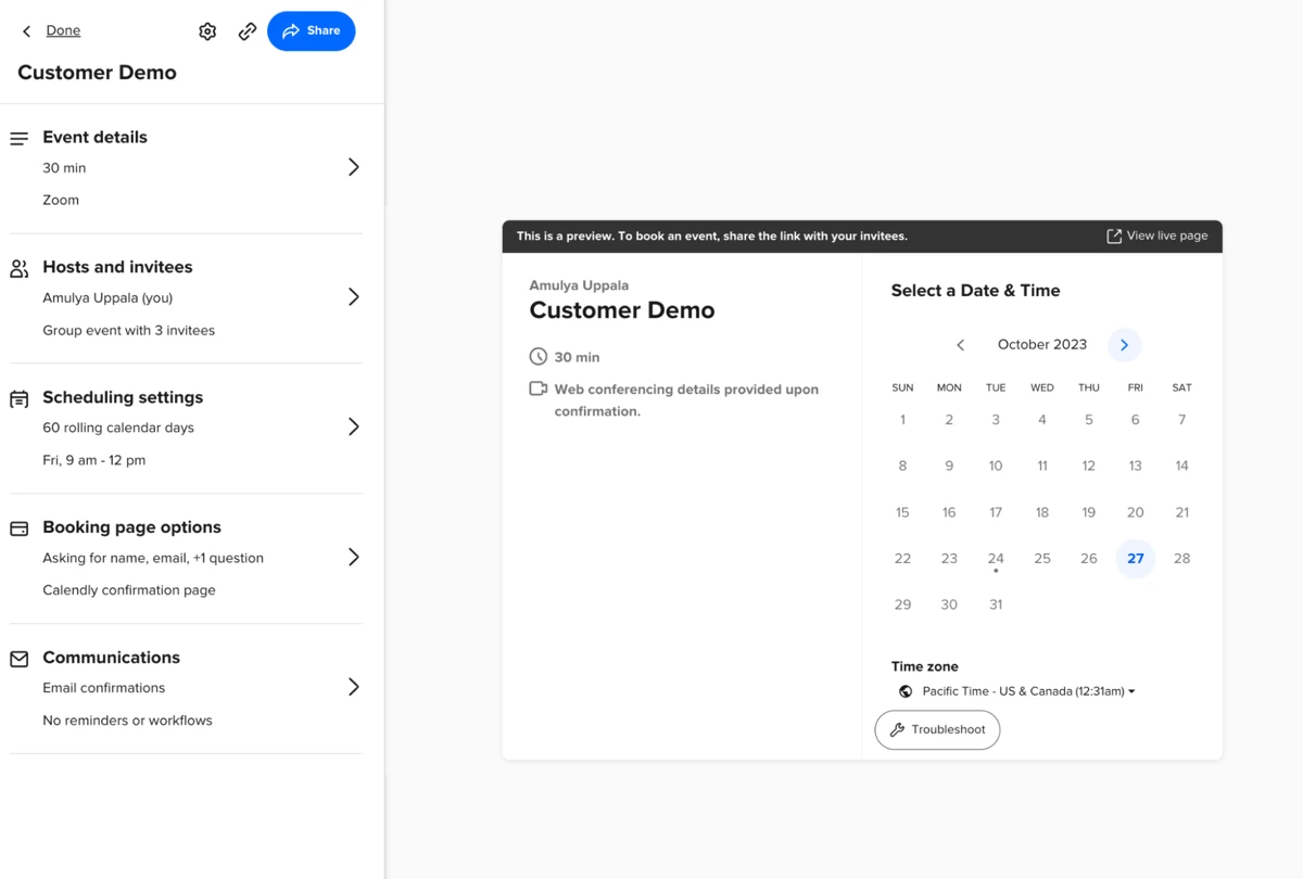 Calendly event editor beside the booking-page preview, with duration and scheduling settings