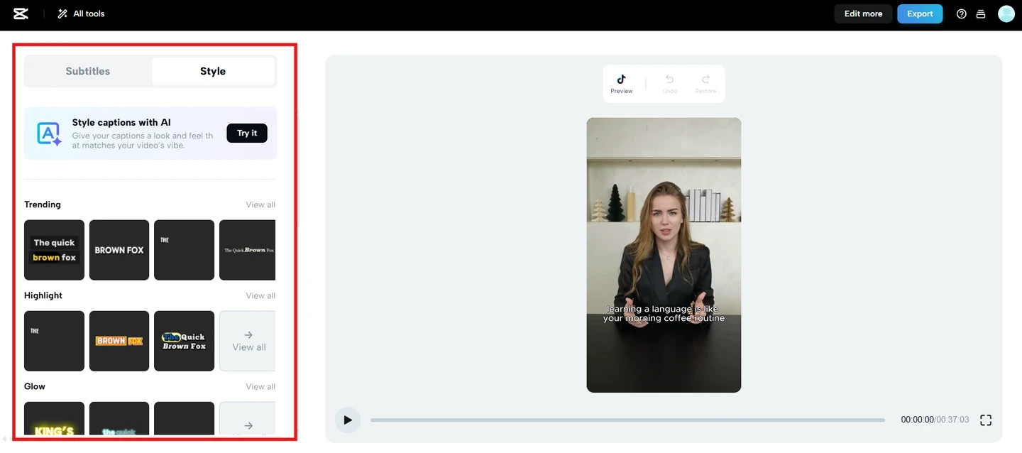 CapCut subtitle editor showing caption styles and a vertical-video preview