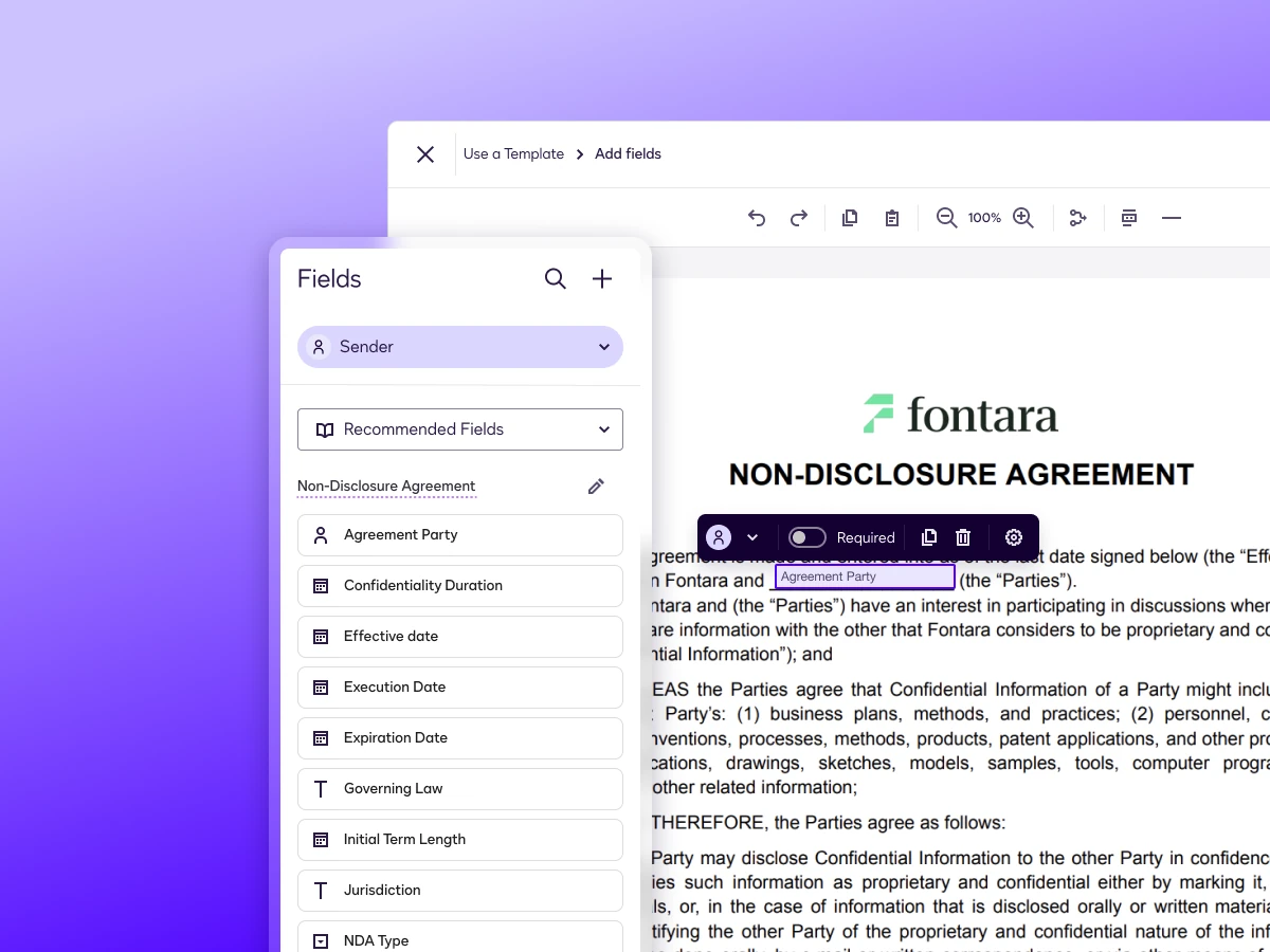 Docusign document editor showing recipient selection, form fields and a required-field toggle