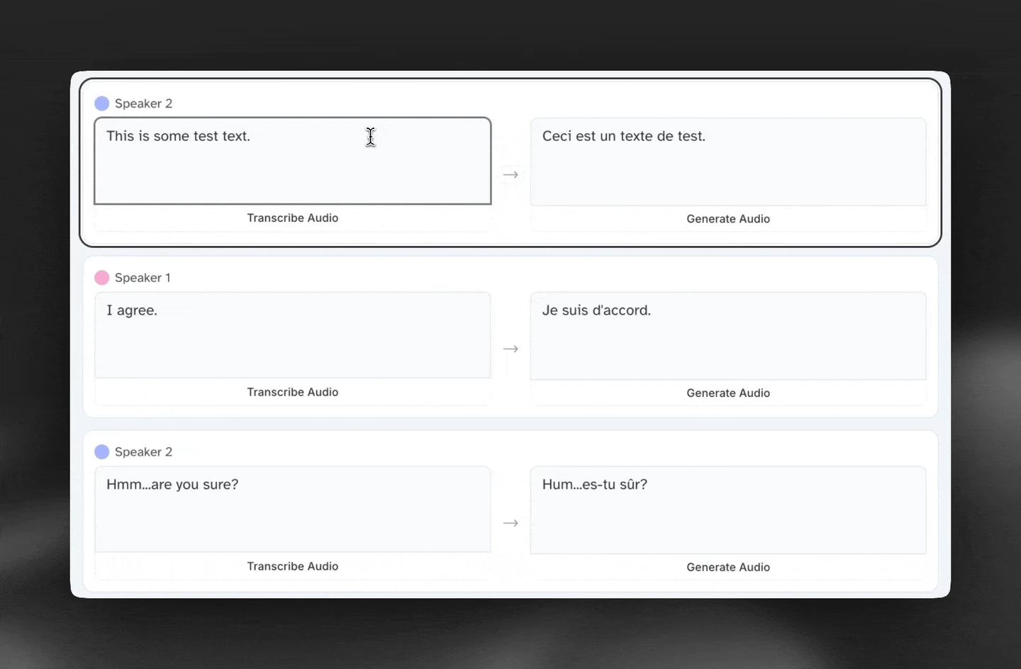 ElevenLabs Dubbing Studio speaker cards with the original transcript beside translated text