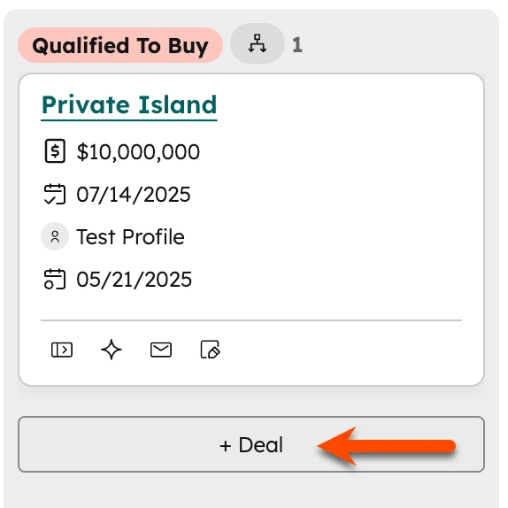 HubSpot deal card in the Qualified To Buy stage with the add Deal button highlighted