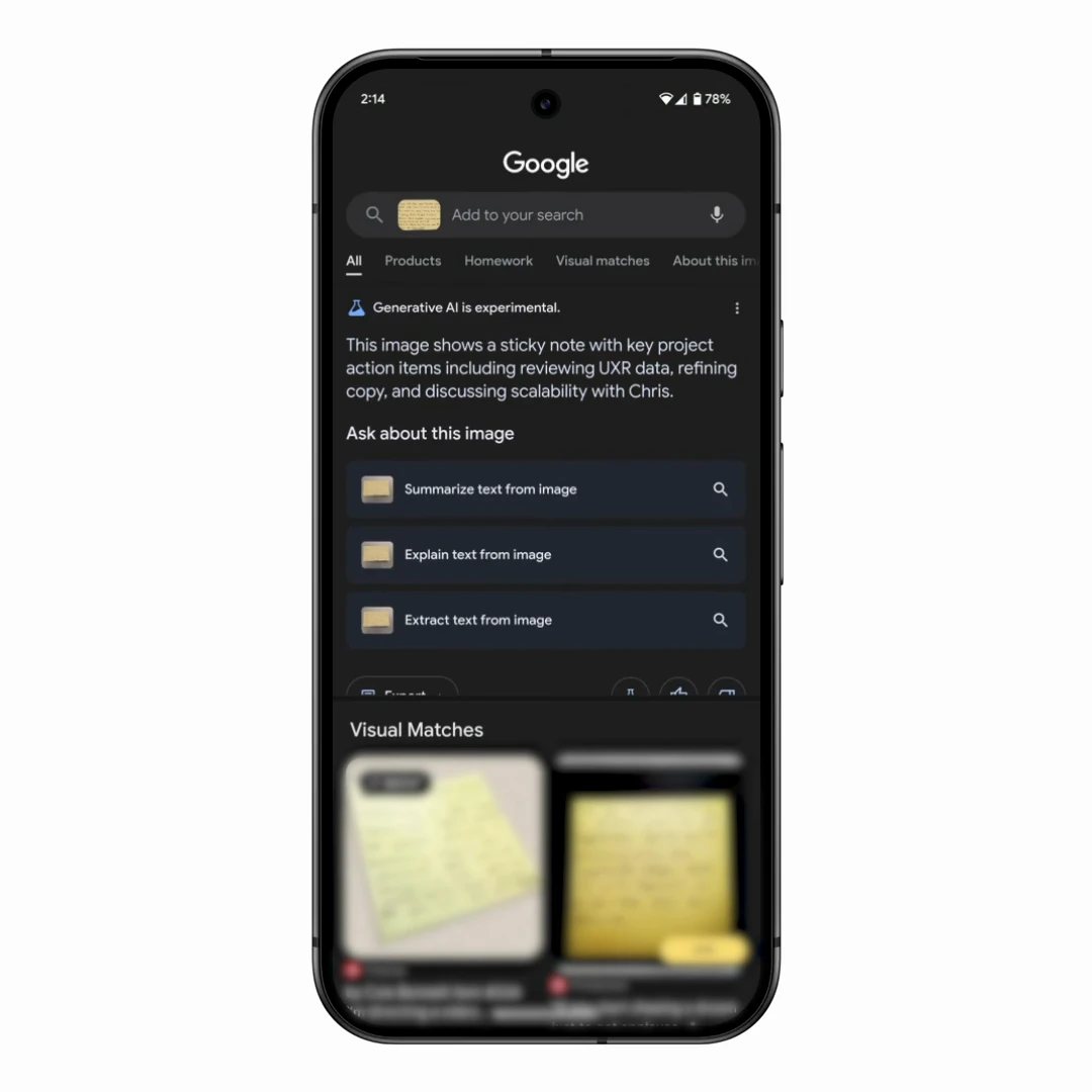 Google Lens displaying actions to summarize, explain or extract text from an image