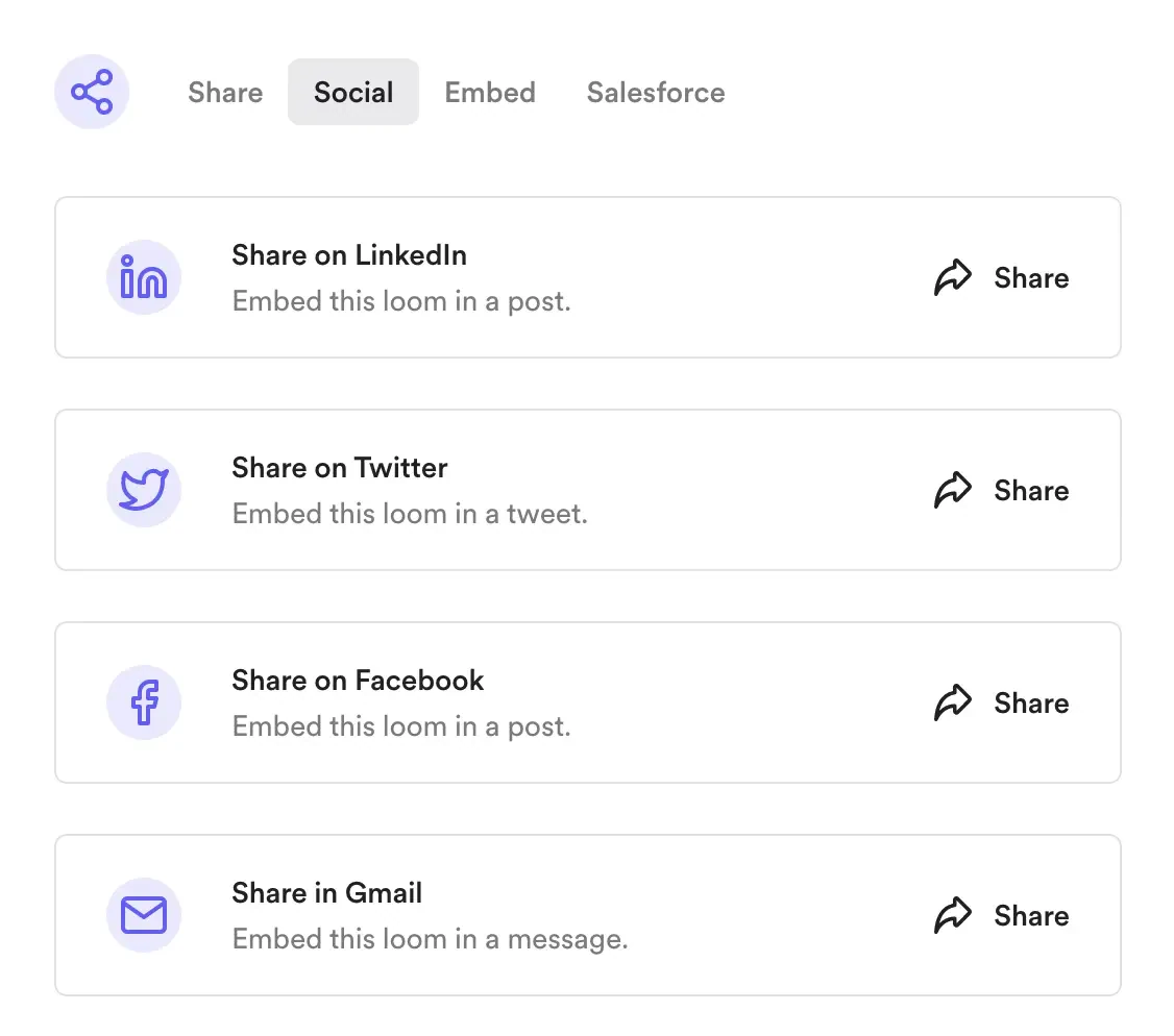 Loom sharing menu with social and email sharing options