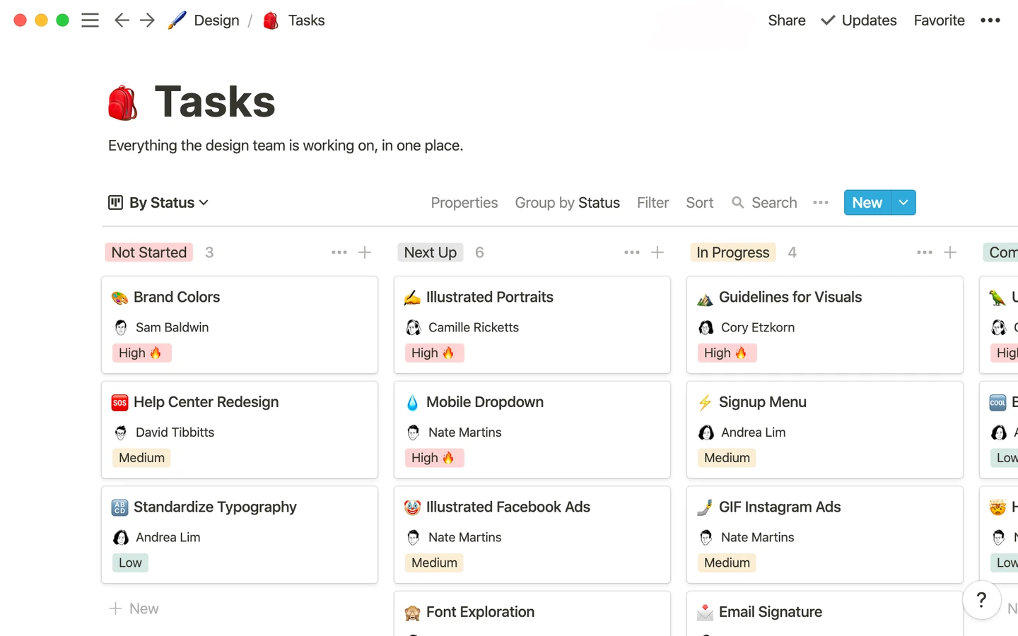 Notion task board grouped by status with task owners and priority labels