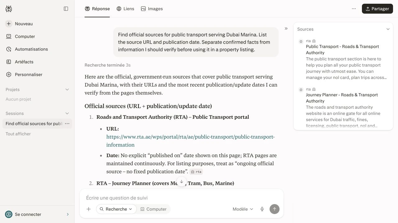 Perplexity researching Dubai Marina transport with the source panel expanded to show RTA links