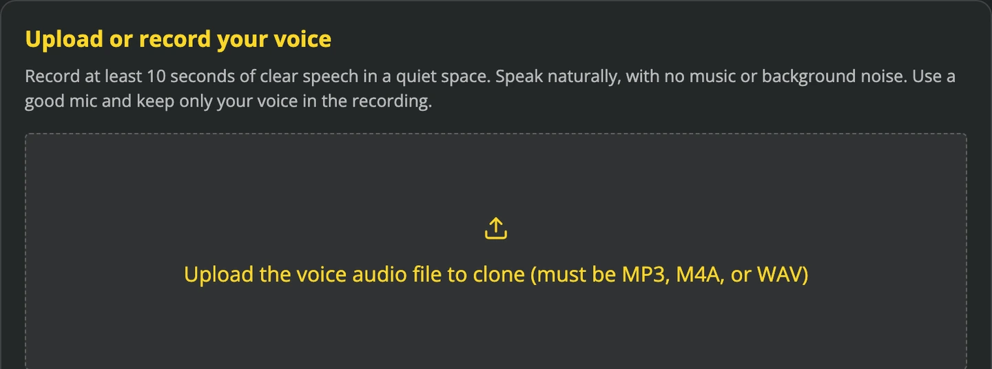 VideoTour.ai voice-cloning setup with guidance for a clean recording and the audio upload area