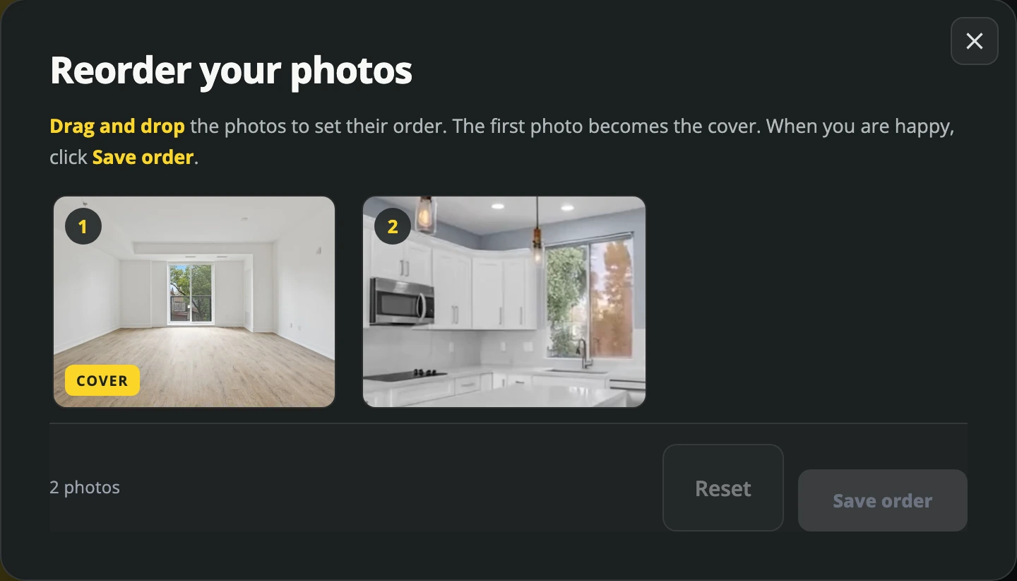 VideoTour.ai Reorder your photos dialog with property photos, a cover label and the Save order control