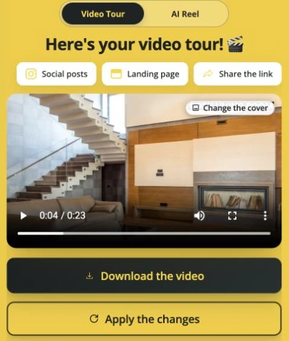VideoTour.ai property-video player with Share the link, Download the video and Apply the changes controls