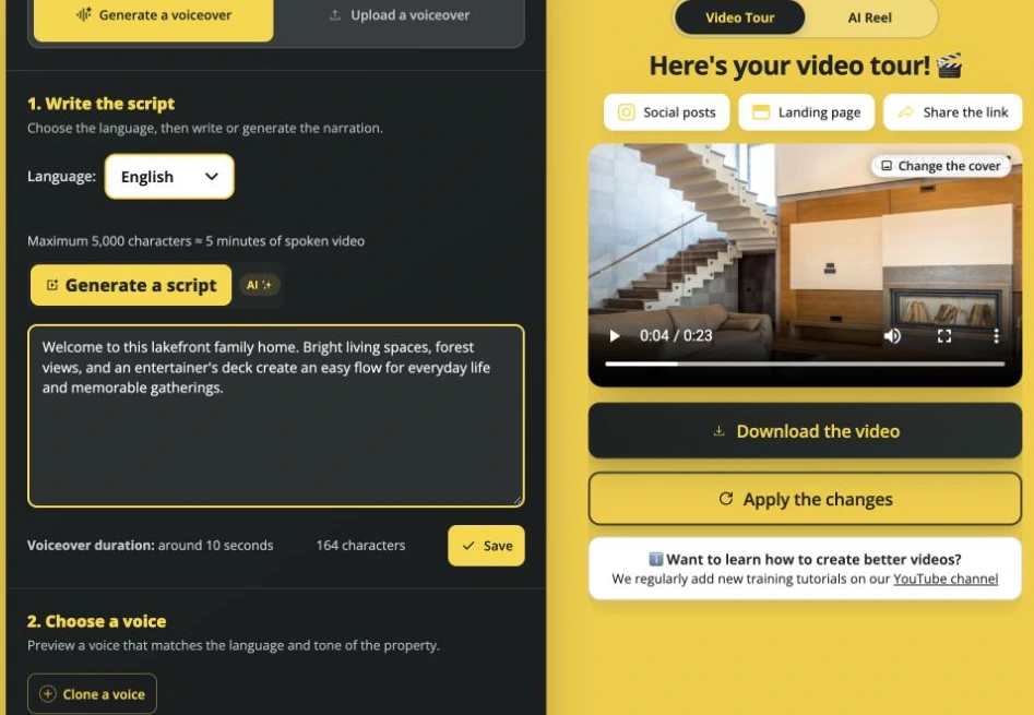 VideoTour.ai editor showing an editable voiceover script, its Save button and the property-video preview beside it