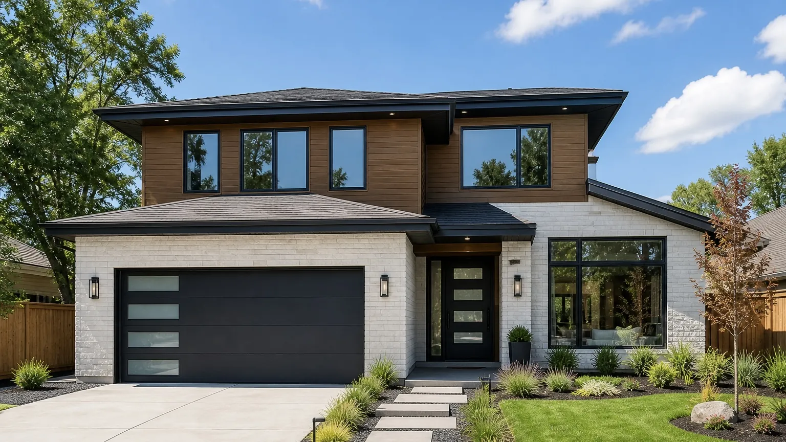 Property exterior showing the front door, driveway, garage and front garden, used as an example opening shot