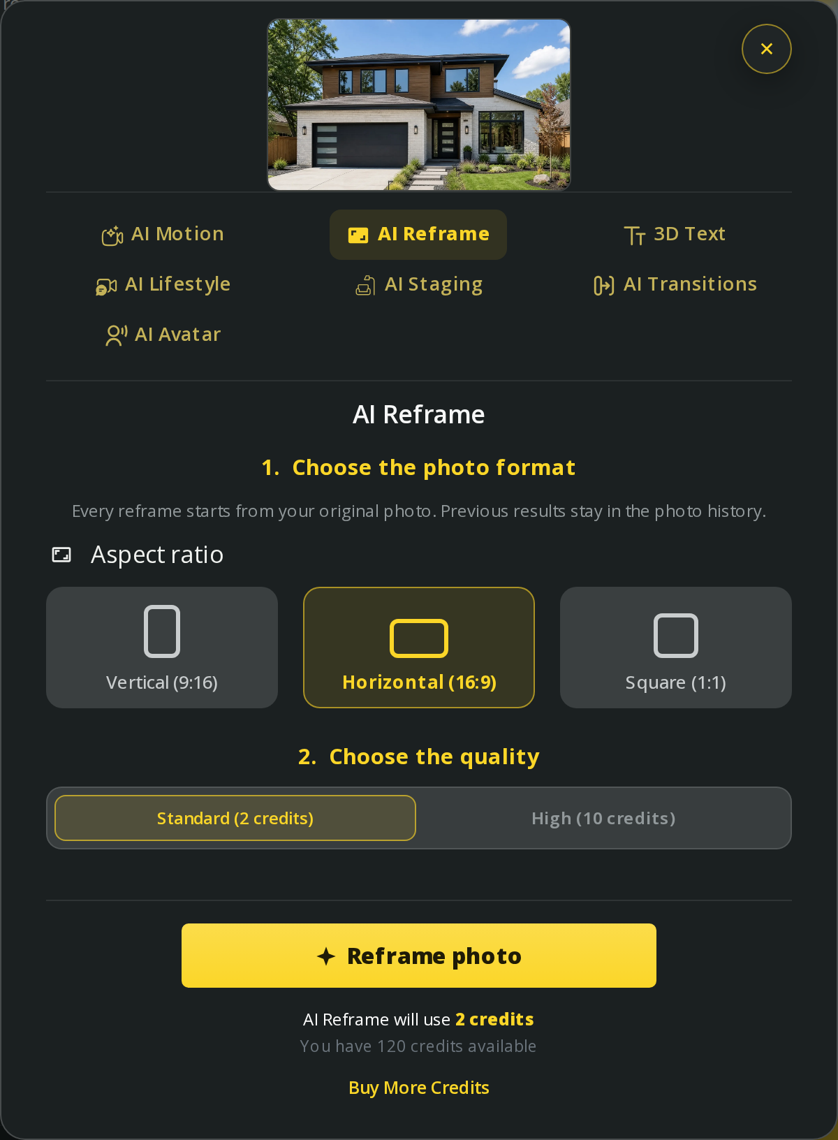 Choose the photo shape and reframe quality
