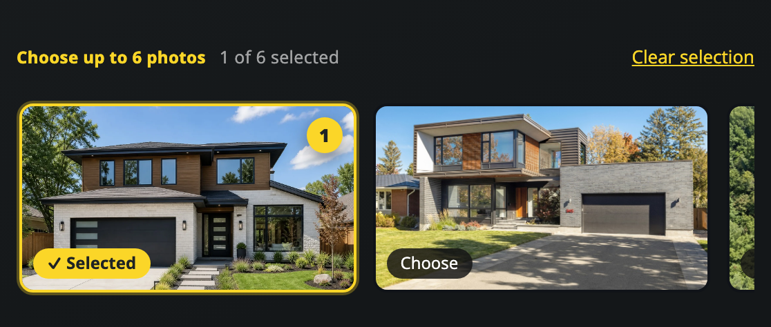 VideoTour.ai AI Reels photo picker with numbered selections