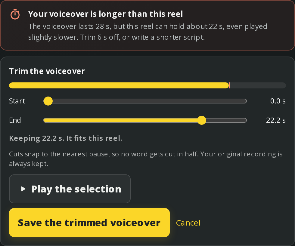 Trim narration to fit an AI reel