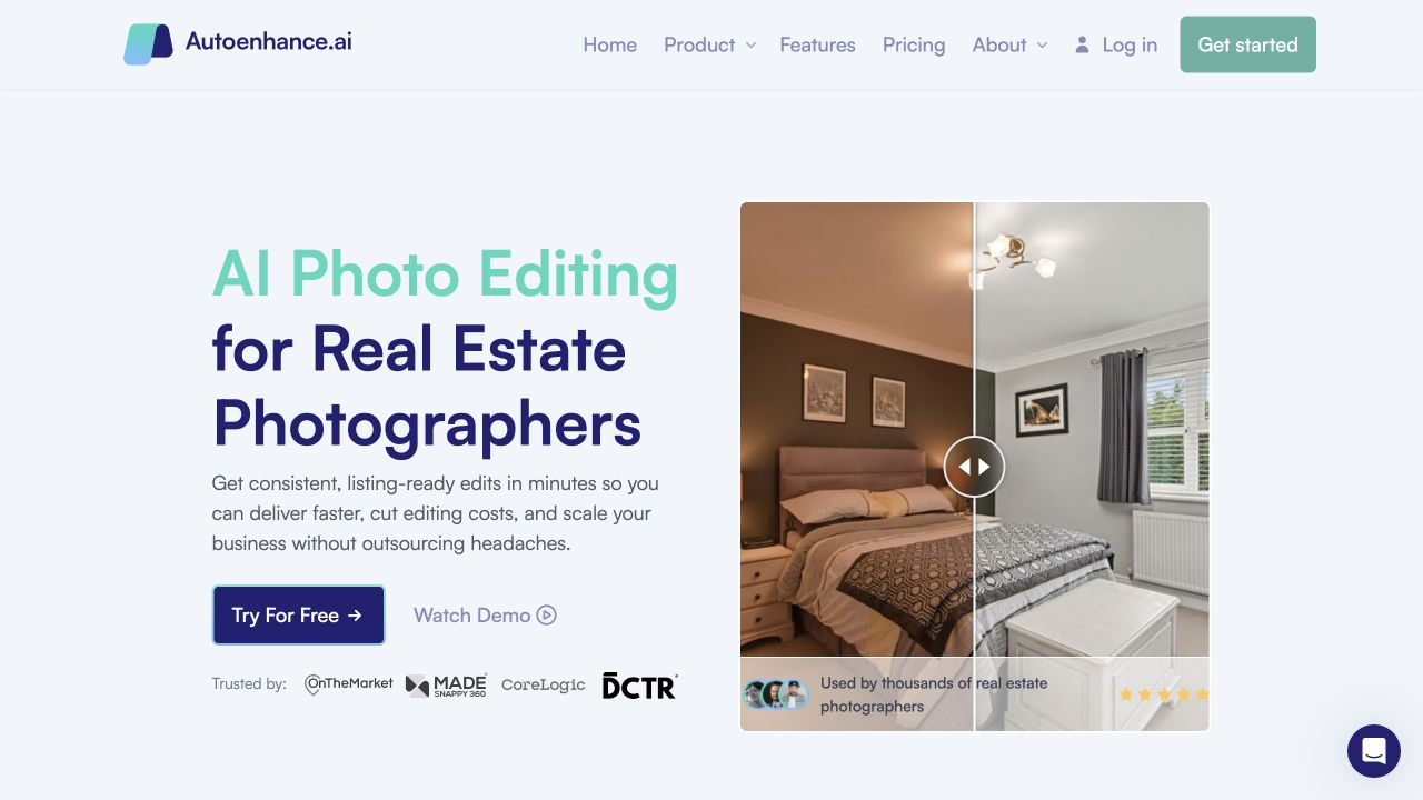 Autoenhance.ai website showing a bedroom before-and-after slider