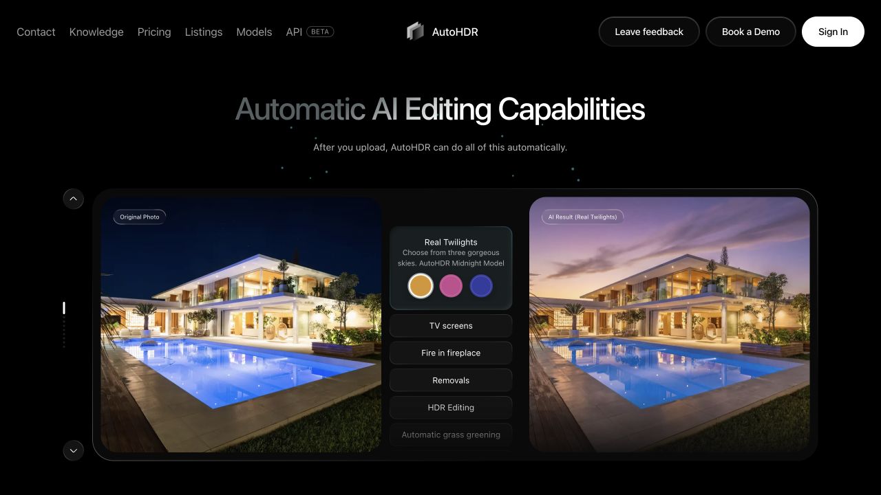 AutoHDR official website presenting its real-estate photo editing workflow