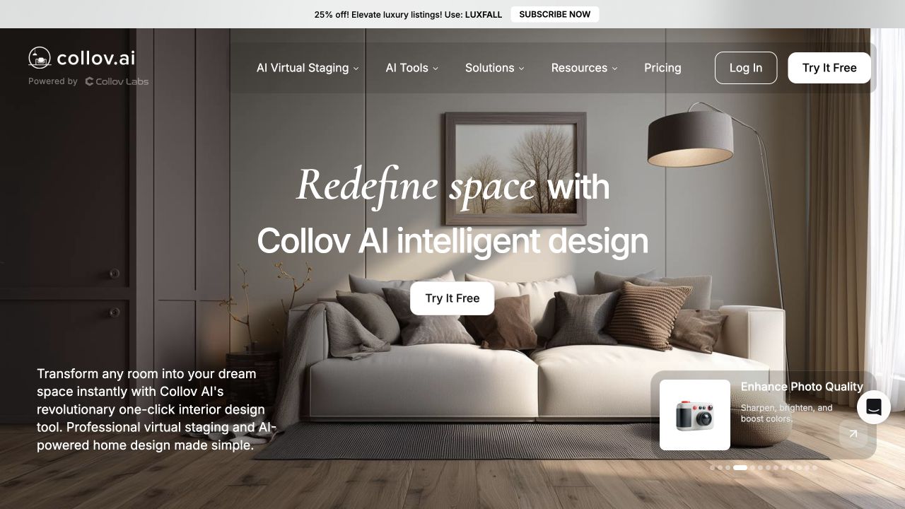 Collov AI official website presenting staging and photo editing features