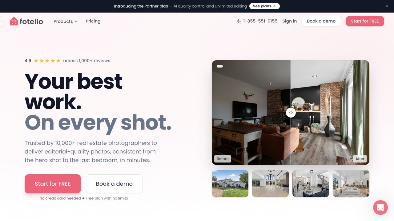 Fotello official website presenting its property-photo editing and delivery tools