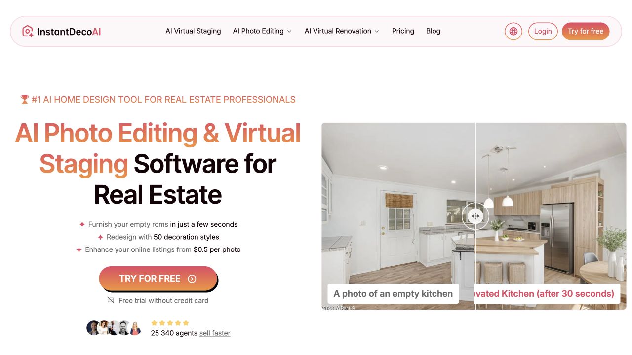 InstantDecoAI official website presenting image enhancement and virtual staging