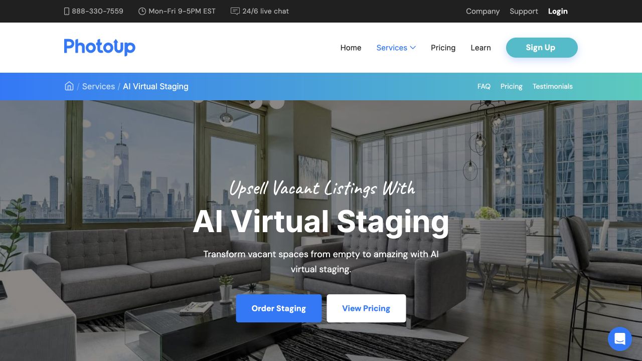 PhotoUp official website presenting its real-estate photo editing services