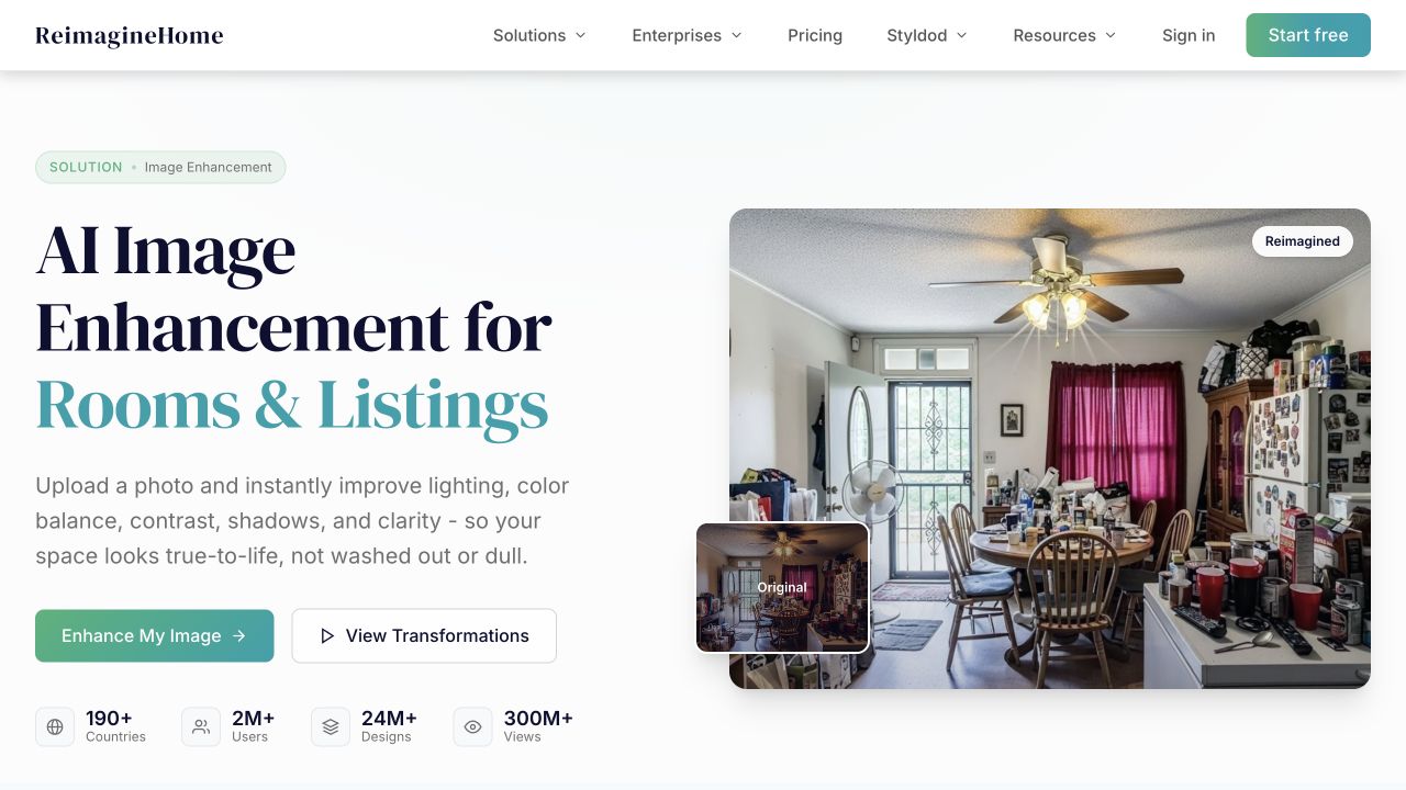 REimagineHome website showing original and enhanced room photographs