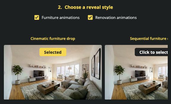 VideoTourAI app showing the AI Staging furniture and renovation animation choices
