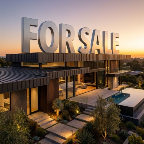 Property feature campaign message in 3D text on a real estate photo