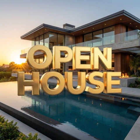 Open house campaign message in 3D text on a real estate photo