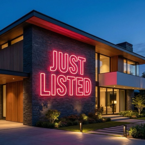 Just listed campaign message in 3D text on a real estate photo